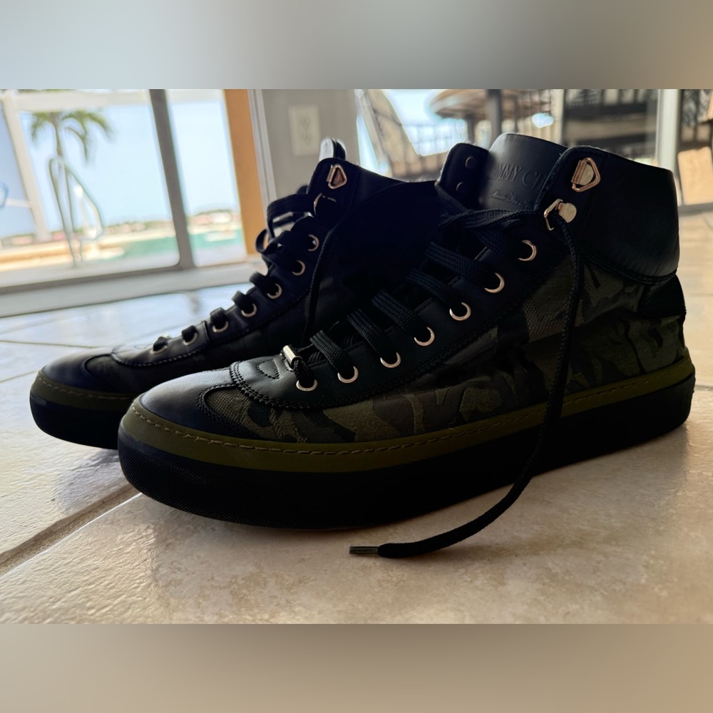 Jimmy Choo Black and Green Camo High Top Sneakers